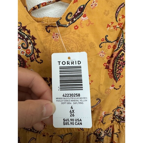 Torrid Mini Wash Challis Flutter Sleeve Lace Back Dress Yellow Paisley Sz 4X NEW - Picture 9 of 12